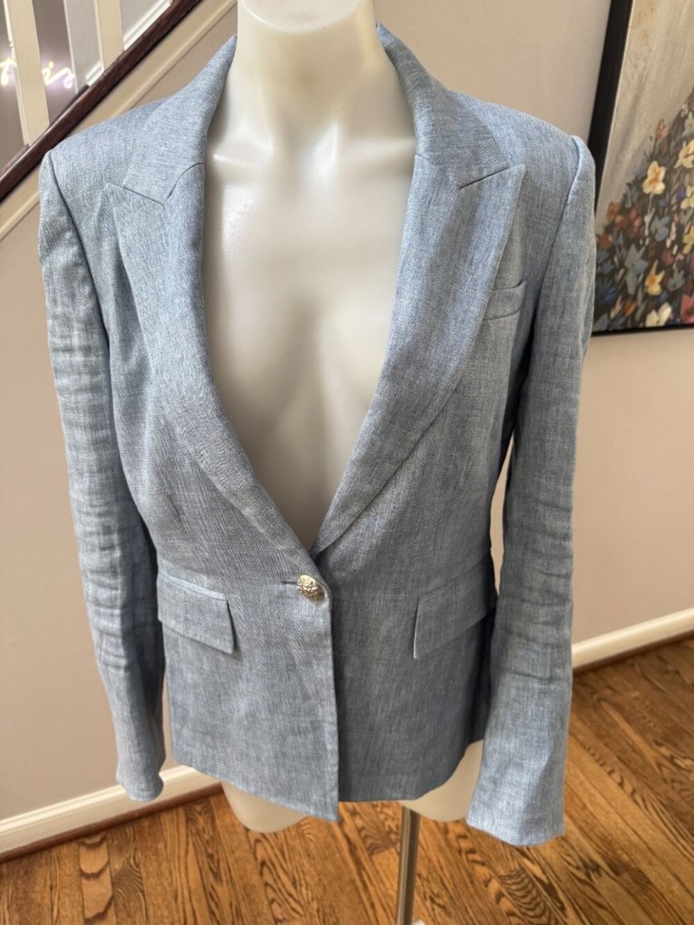 Veronica Beard Danielle One Button Dickey Denim Jacket Blazer Linen Blue 6 - Picture 2 of 4